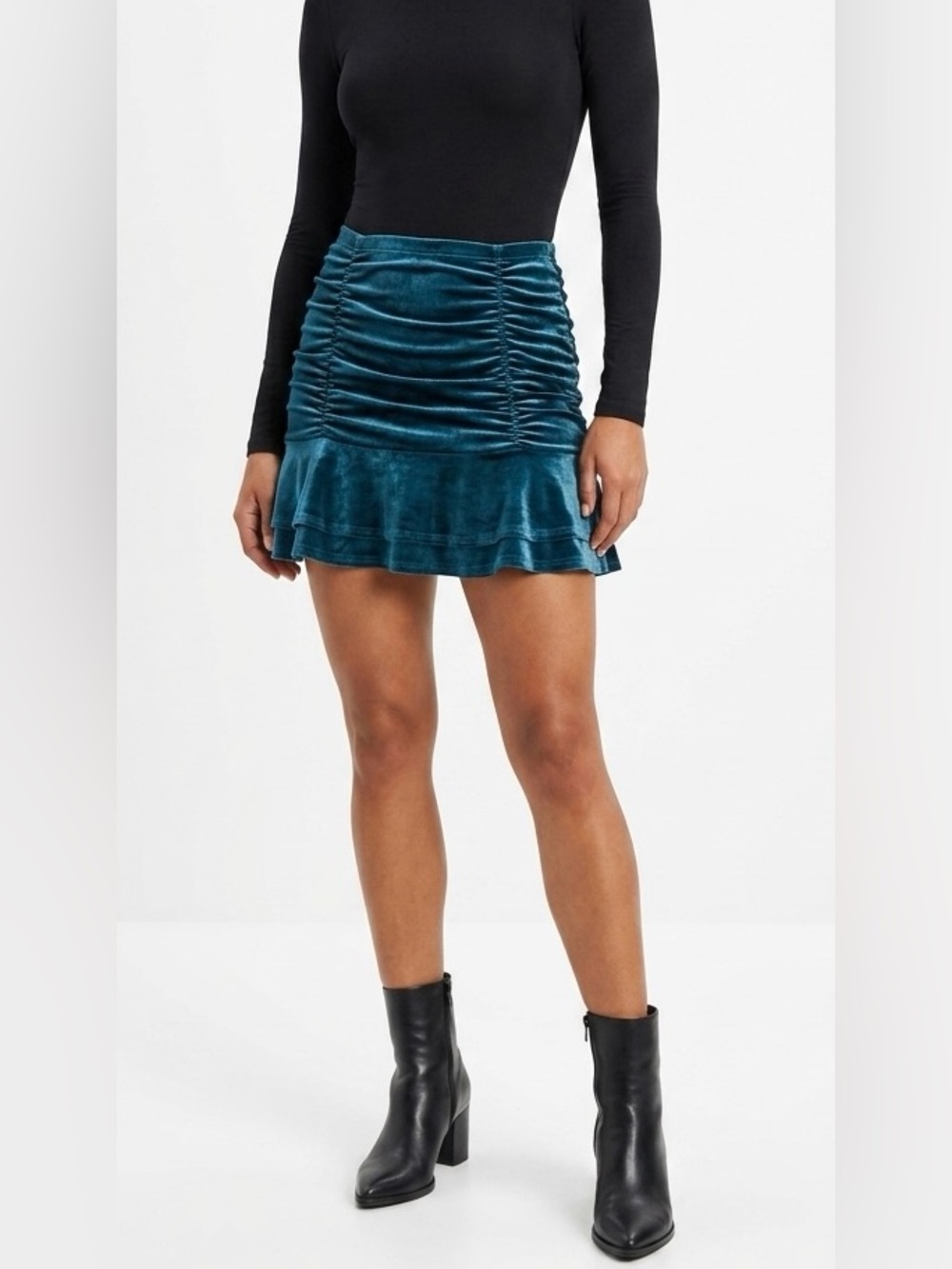 wild fable Teal Velvet Ruched Mini Skirt with Flounce Hem